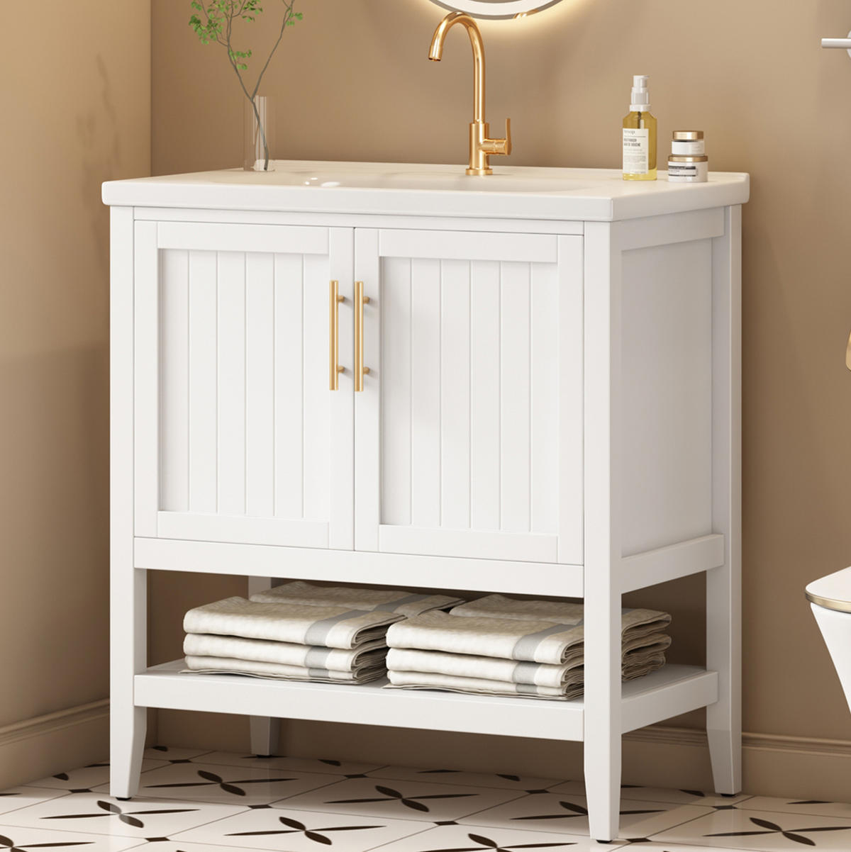 WASCHTISCH mit Unterschrank aus MDF 80x47x89 cm in Weiß, bodenstehend, pflegeleicht und mit Keramikbecken - Weiß, Holzwerkstoff (80/89/47cm) - Modfu