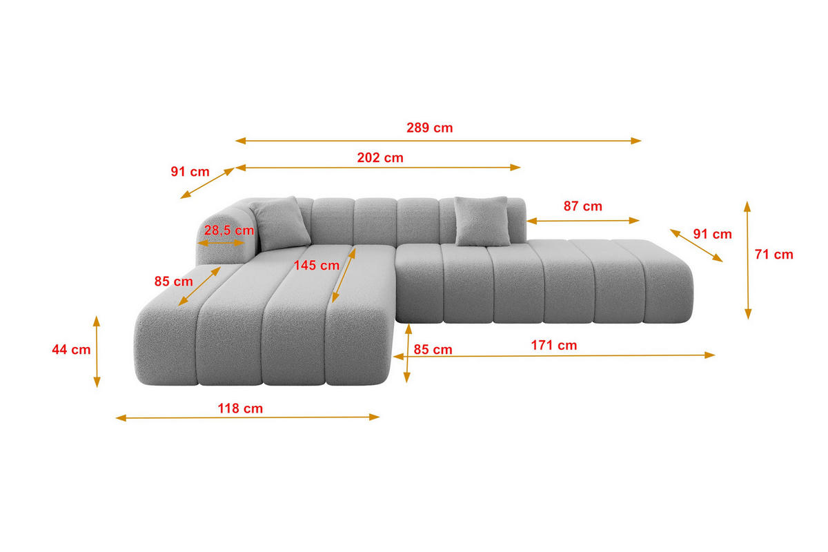 ROHOVÁ SEDAČKA s otomanem, levá BILA-L 289x176x71 Šedá Buklé - šedá/černá, kompozitní dřevo/textil (176/289cm) - ALTDECOR