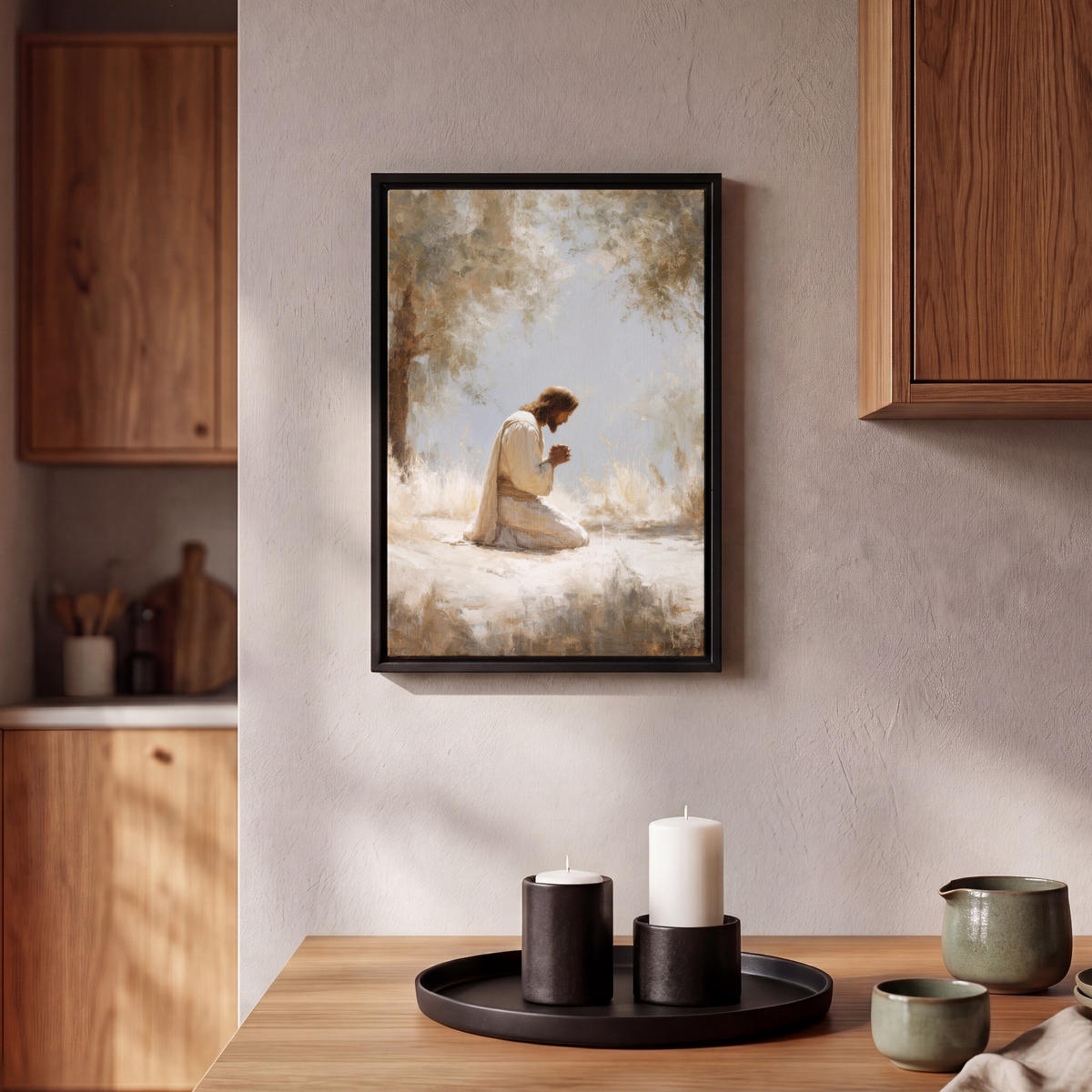 LEINWAND Bilder mit Rahmen - Jesus - Kniend - Waldlandschaft - Betend - 20x30 - Beige, Textil (20/30cm) - MuchoWow