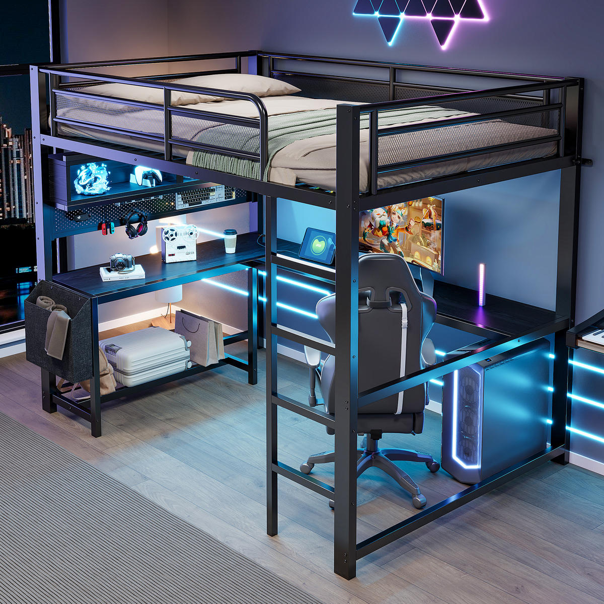 HOCHBETT 140/200 cm in Schwarz aus MDF und Metall mit Schreibtisch, LED und USB - Schwarz, Holzwerkstoff/Metall (140/200cm) - WISHDOR