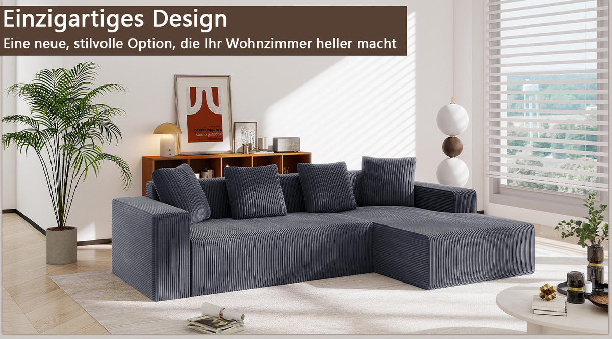 ECKSOFA Cord mit tiefer Sitzfläche, modularer Liege 261/146/65 cm Grau - Grau, Textil (146/261cm) - Redom