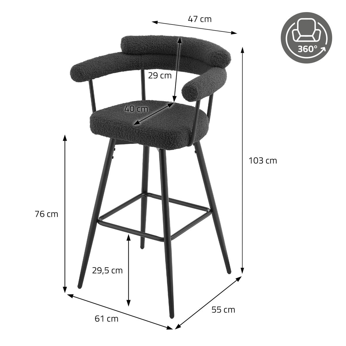 BAROVÉ ŽIDLE, otočná, 2 ks, tmavě šedá s plyšovým potahem, výška 76 cm - černá/tmavě šedá, kov/textil (61/103/55cm) - ML-DESIGN