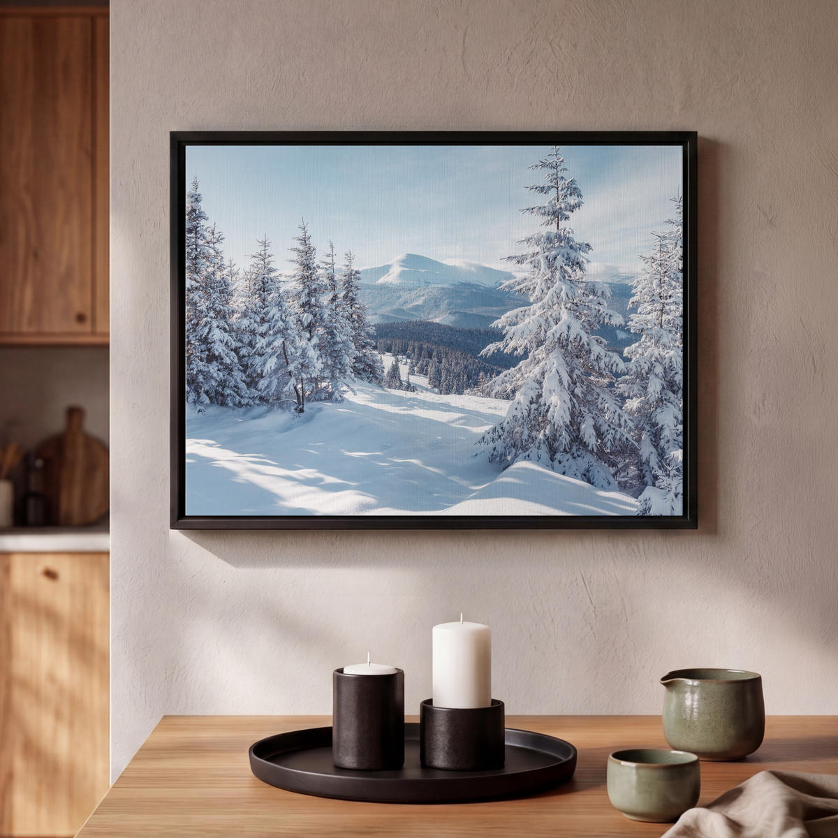 LEINWAND Bilder mit Rahmen - Winterlandschaft - Natur - Berge - Bäume - Schnee - 40x30 - Hellblau, Textil (40/30cm) - MuchoWow