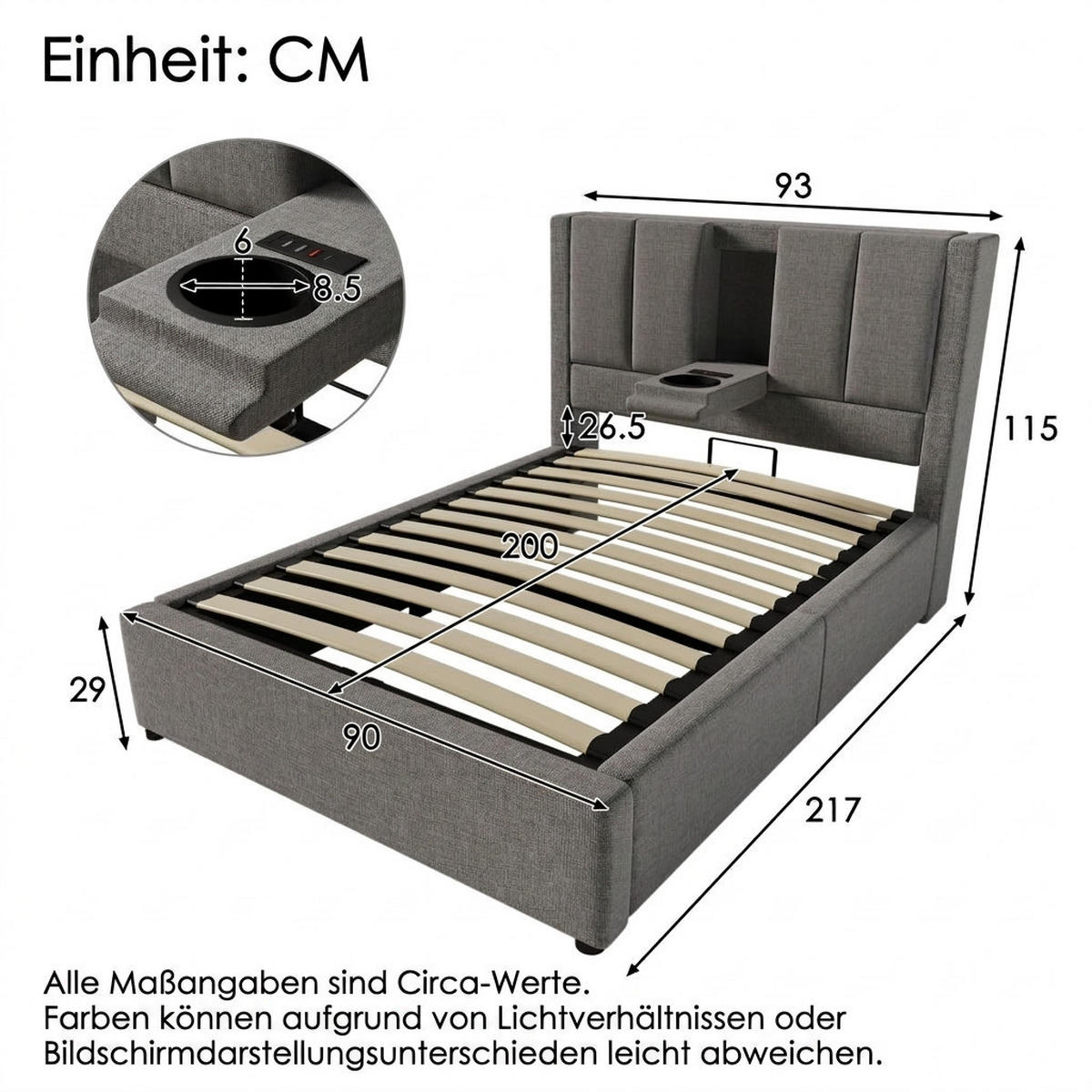 POLSTERBETT 90/200 cm Grau mit verstecktem Becherhalter und Ladestation (Ohne Matratze) - Grau, Textil (90/200cm) - Oxeza
