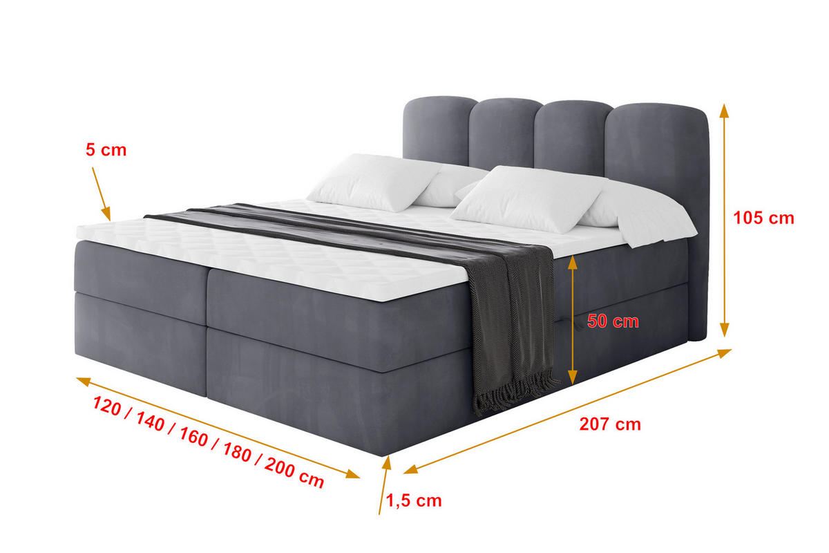 BOXBETT mit Matratze H4 - NINA - 160x200 cm - Dunkelgrau - Dunkelgrau, Holzwerkstoff (160/200cm) - ALTDECOR