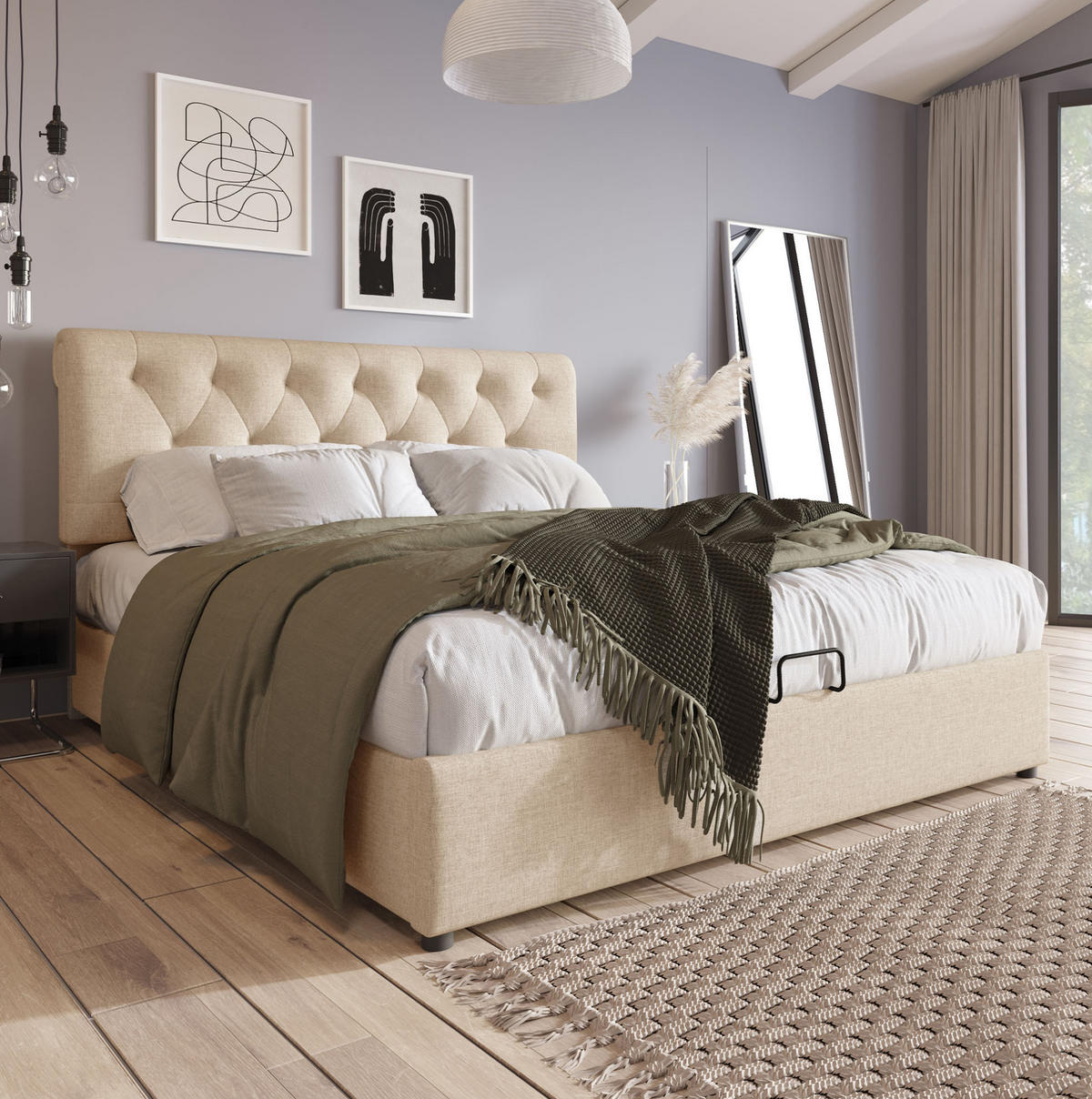 POLSTERBETT 160/200 cm Naturfarben mit verstellbarem Kopfteil und Stauraum mit Matratze - Naturfarben, Textil (160/200cm) - OKWISH