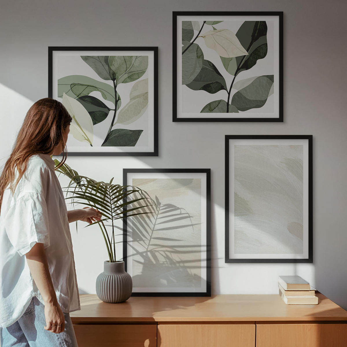 WANDBILDER 4er-Set - 50x50 cm & 40x60 cm Schwarzer Rahmen - Leuchtende, abstrakte Boho-Farben - Schwarz, Kunststoff (50/50cm) - ArtPrintCave