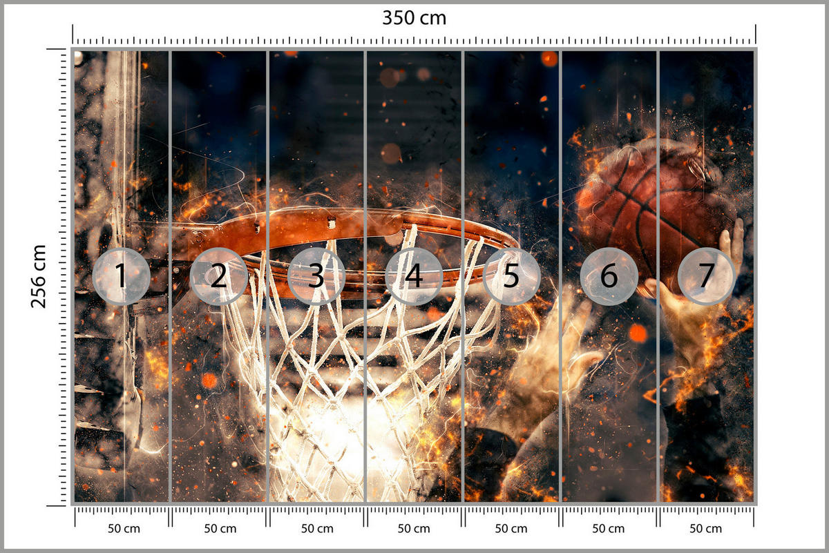 FOTOTAPETE für Jugendzimmer Aquarell Basketball Dunk Sport 350x256 - Beige/Schwarz, Papier (350/256cm) - Muralo