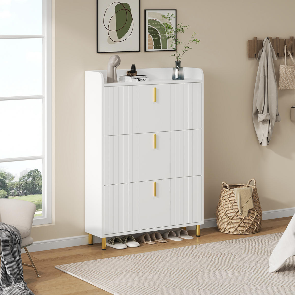 SCHUHSCHRANK aus MDF 80x23x123.5cm in Weiß mit 3 Klappen - Weiß, Holzwerkstoff (80/123.5/23cm) - Modfu