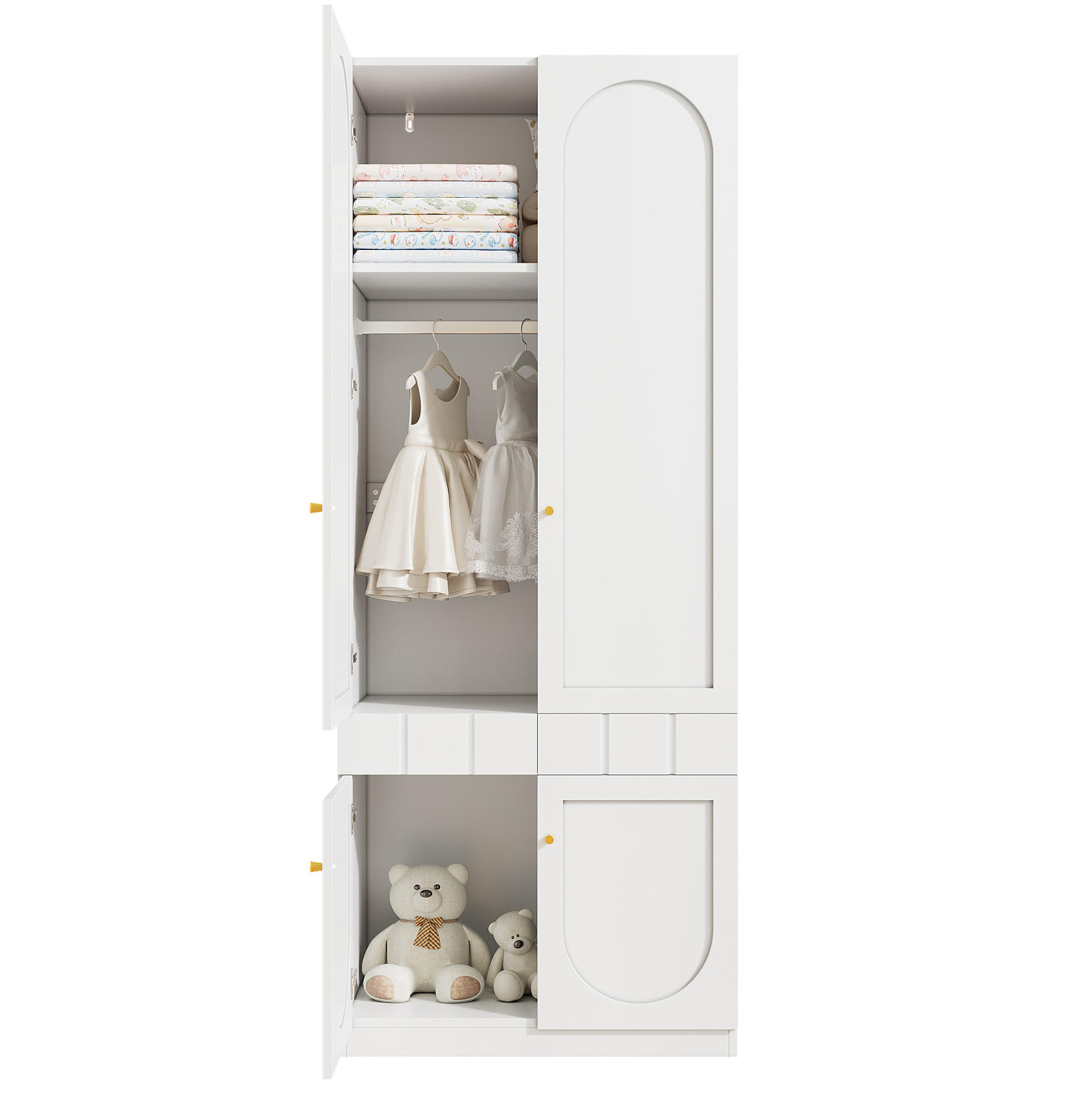 KLEIDERSCHRANK-SET aus MDF 160x50x200 cm Weiß mit Doppeltüren, Schubladen und Kleiderstange - Weiß, Holzwerkstoff (160/200/50cm) - Modfu