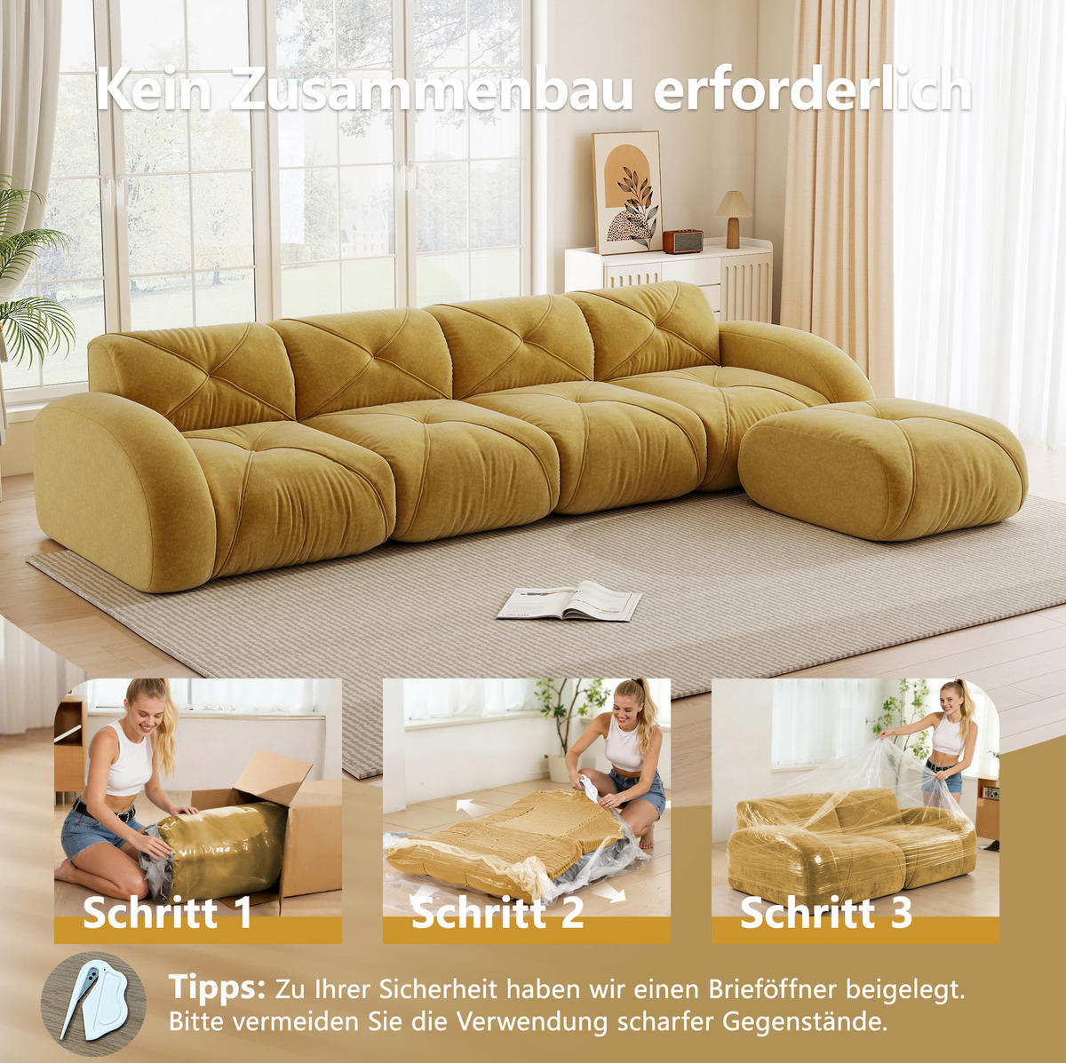 ECKSOFA 358/171/76 cm modular gelb aus Chenille mit flexiblem Aufbau - Gelb, Textil (171/358cm) - OKWISH