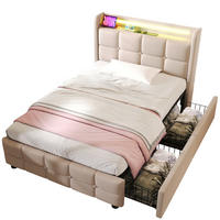 POLSTERBETT 90/200 cm mit LED-Beleuchtung, USB und 2 Schubladen in Beige - Beige, Holz (90/200cm) - BEAOK