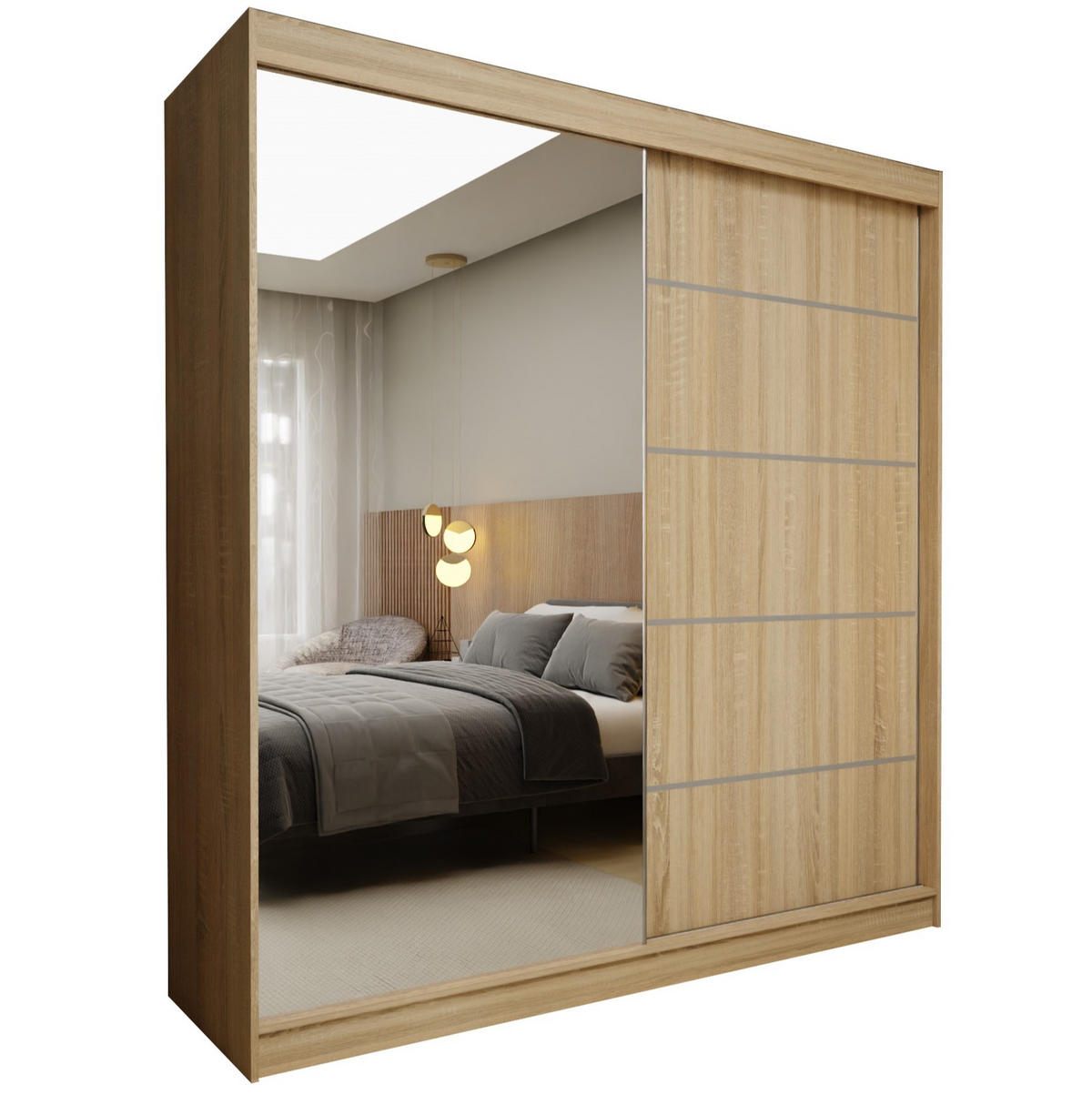 SCHWEBETÜRENSCHRANK MIRELLA 200/216/61 cm 2-türig mit Spiegel Sonoma Eiche - Sonoma Eiche, Holzwerkstoff (200/216/61cm) - MASSENO