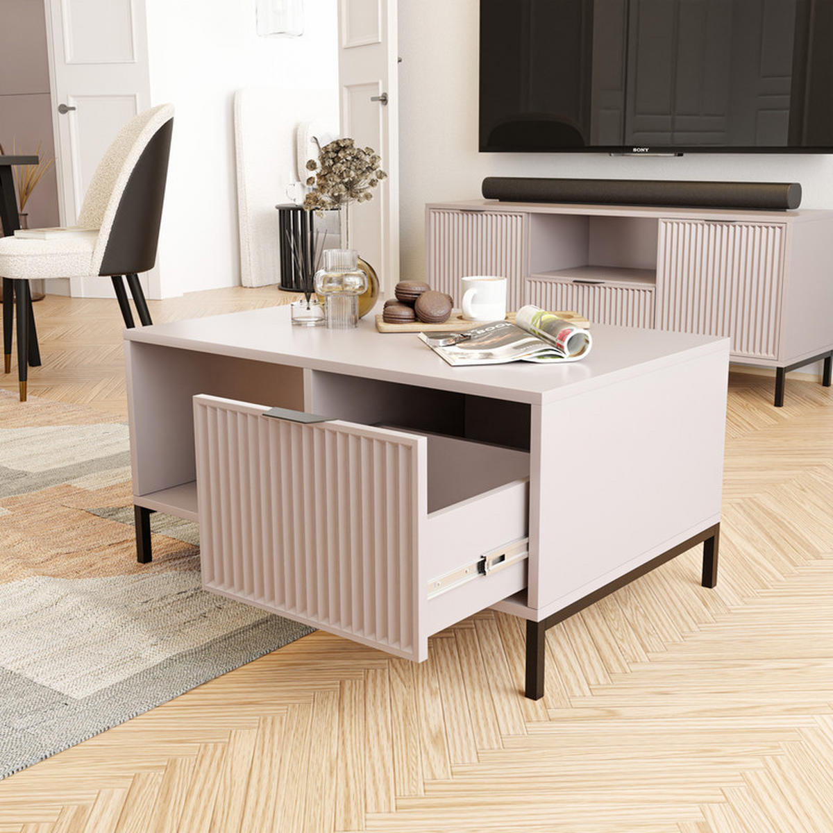 COUCHTISCH WAVE Modern mit Schublade, Beige - Kaschmir/Schwarz, Holzwerkstoff/Metall (58/90/45.5cm) - Idohome