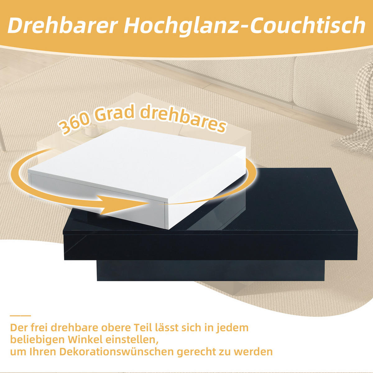 COUCHTISCH Drehbar Schwarz-Weiß Naht Hochglanz Doppelschicht Modern Schlicht - Weiß, Holz (112.4/67.95/13.34cm) - FLIEKS