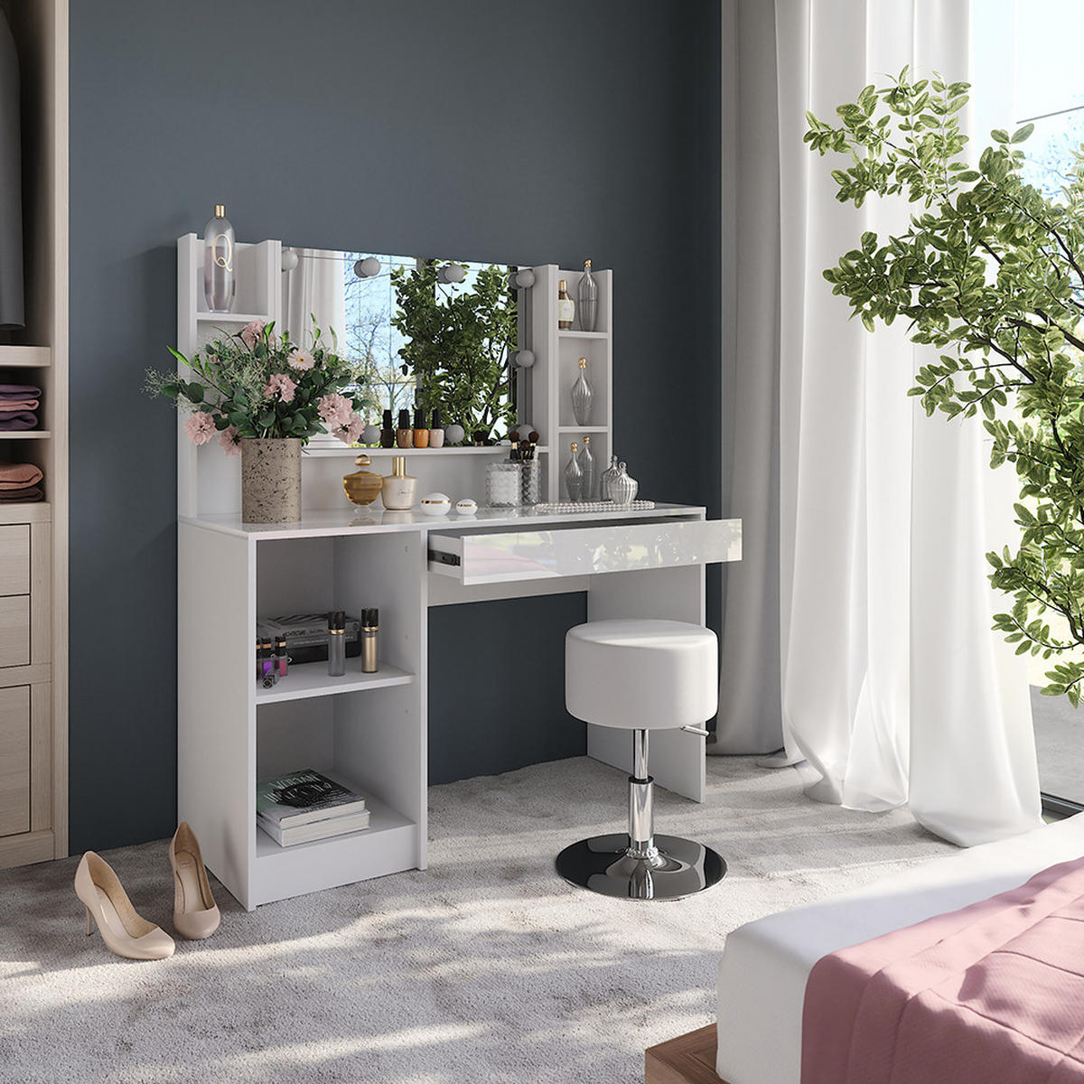 SCHMINKTISCH Sherry Weiß/Weiß Hochglanz 119.8 cm 6 Teile - Weiß Hochglanz, Holzwerkstoff (119.8/76/50.1cm) - Vicco