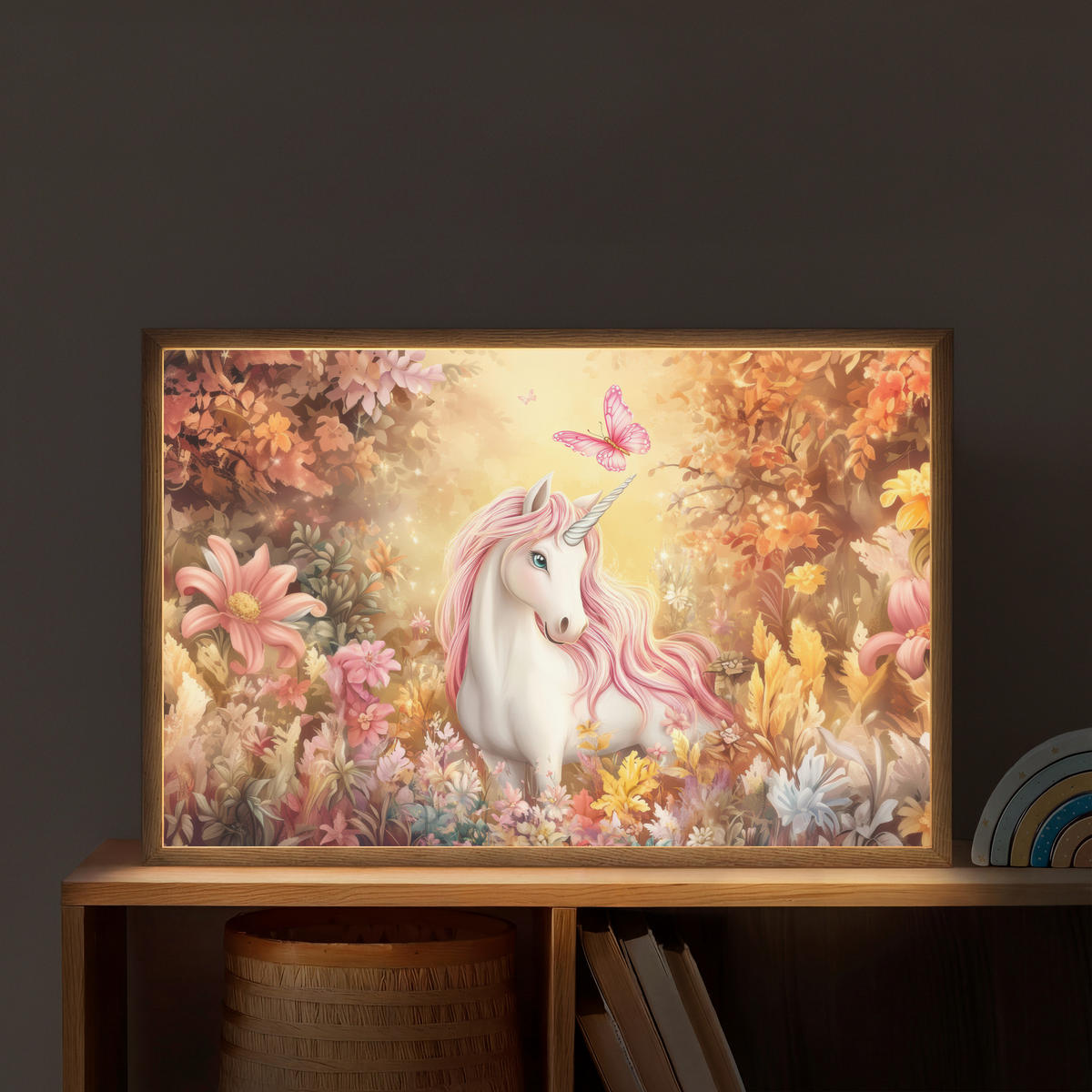 DOBÍJECÍ NOČNÍ LAMPIČKA Jednorožec - Květiny - Motýl - Růžová 60x40 cm - béžová, kompozitní dřevo (8/60/40cm) - OnlyWow