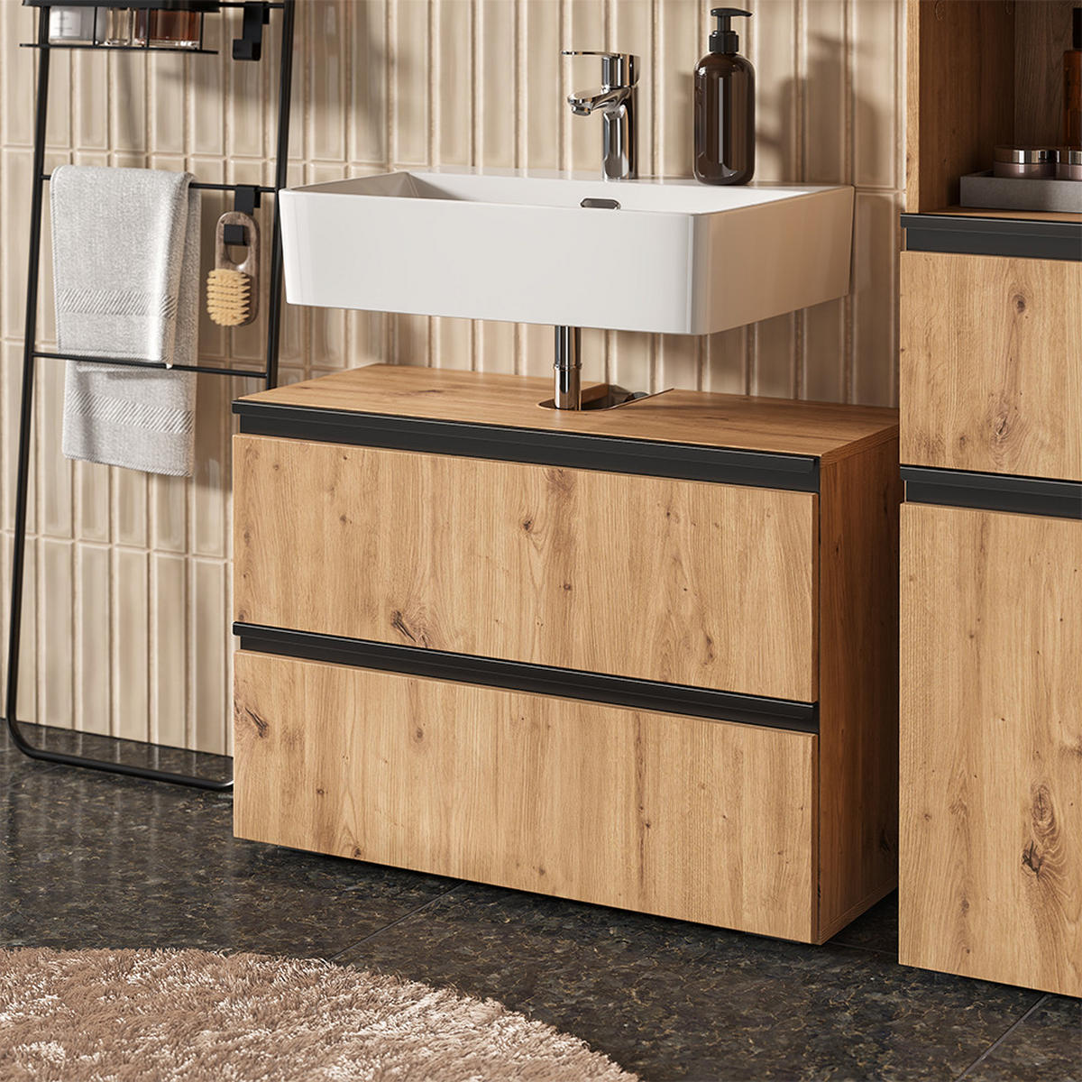 WASCHBECKENUNTERSCHRANK Torren Artisan 80 x 58 cm mit 2 Schubladen - Hellgrau, Holzwerkstoff (80/58/35cm) - Vicco