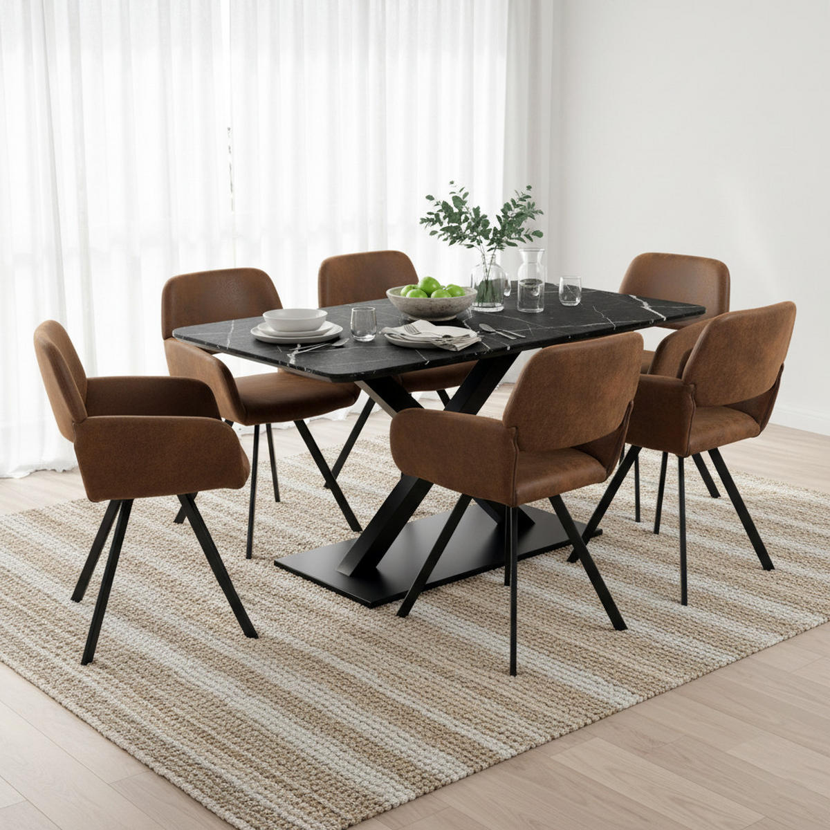 TISCHGRUPPE 7-teilig Ausziehtisch Schwarz Marmoroptik & 6x 360° Drehstühle in Vintage Braun - Schwarz, Holzwerkstoff/Textil (160/75/80cm) - Urban Meuble