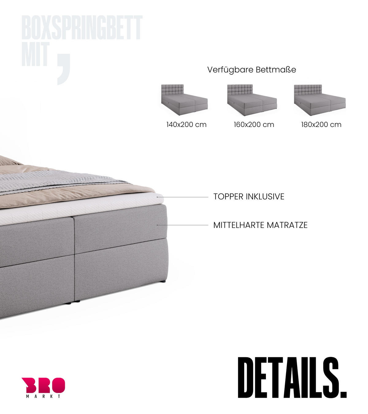 BOXBETT Dakota mit Topper 140/200 Grau - Grau, Textil (140/200cm) - Bromarkt