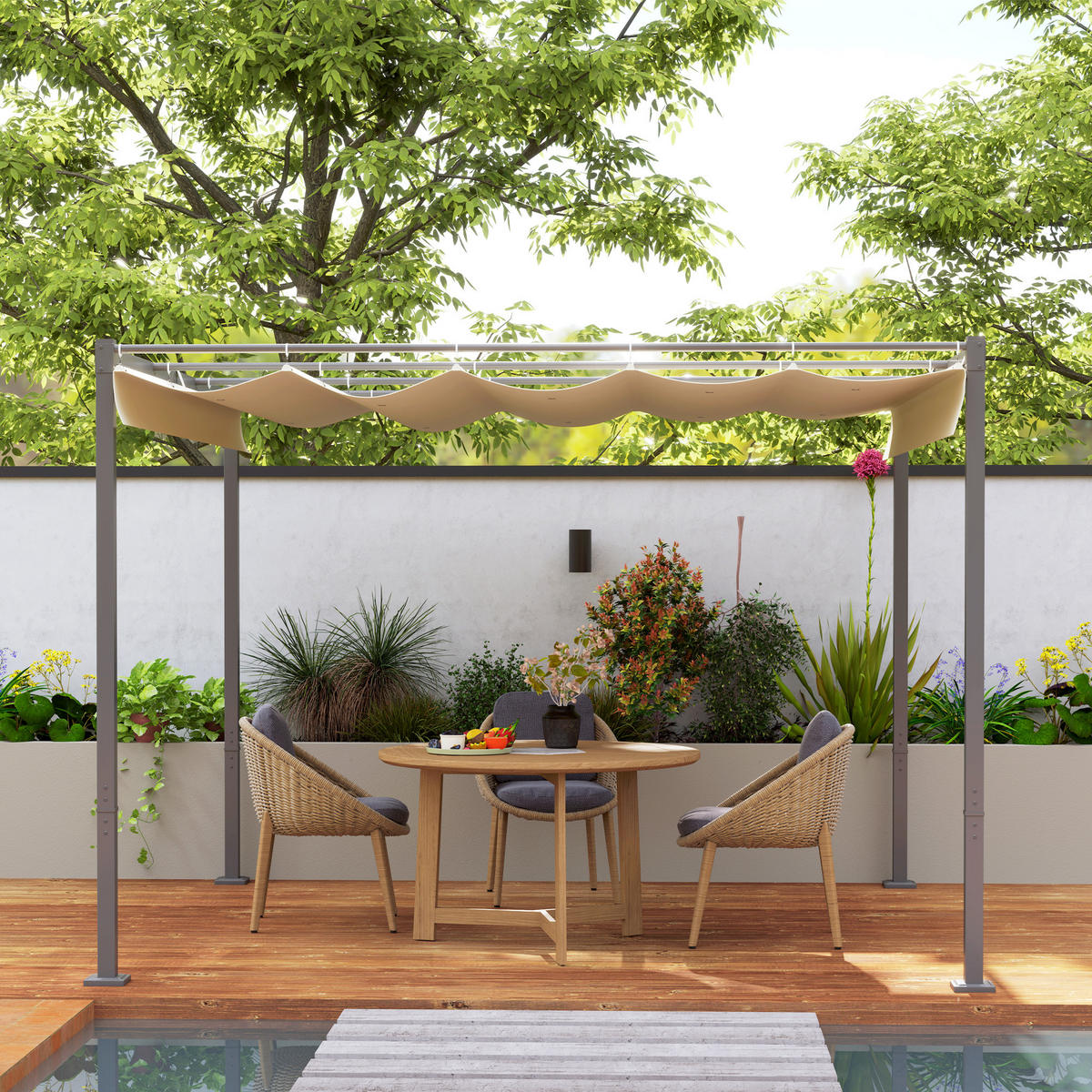 3 x 3 m Garten-Pergola mit einziehbarem Dach, Pavillon, Baldachin für Schatten, UPF30+, Beige - Beige, Metall (298/221/297cm)