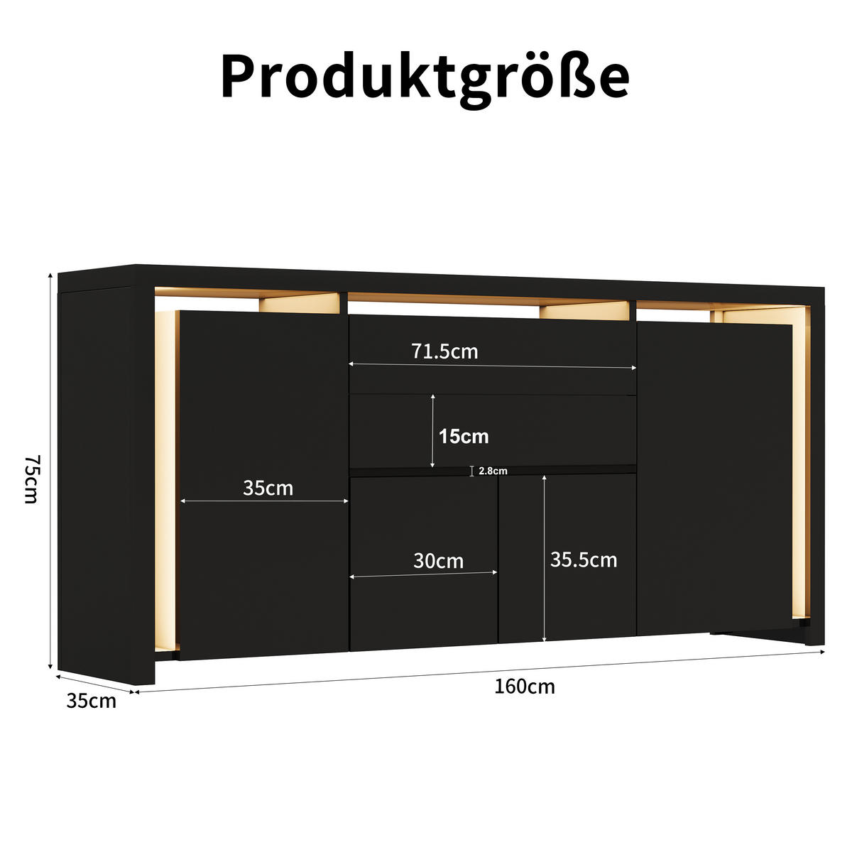 SIDEBOARD hochglanz Schwarz, 4 Türen, 2 Schubladen, LED-Beleuchtung, modern - Schwarz, Holz (160/75/35cm) - EuroLiving