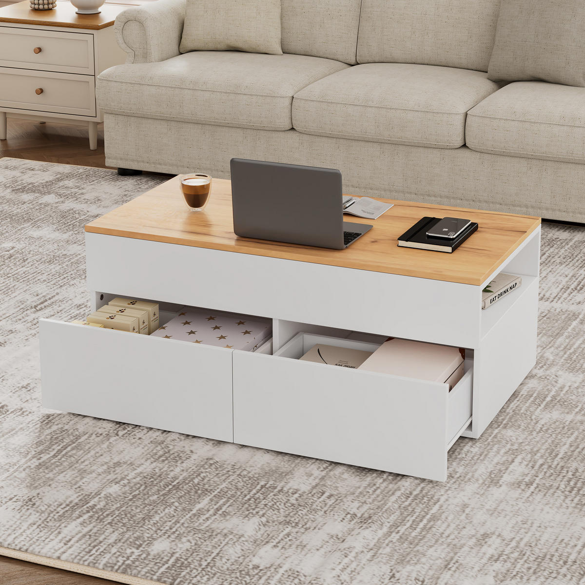 COUCHTISCH 100/50/40 cm Weiß Holzoptik höhenverstellbar mit 2 Schubladen und Stauraum - Weiß, Holzwerkstoff (100/50/40cm) - OKWISH