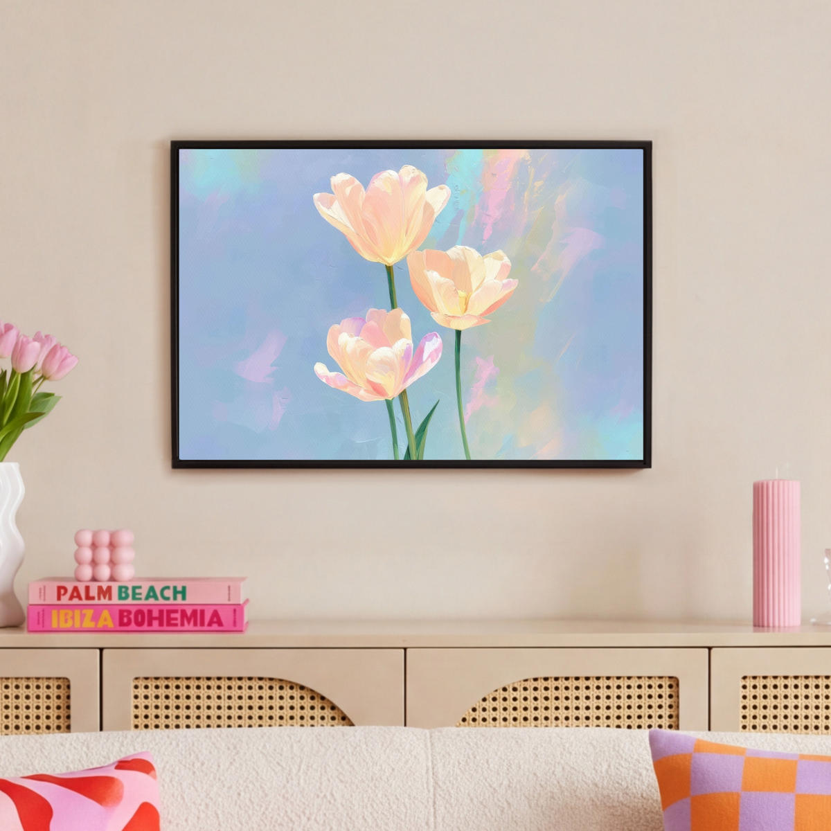 LEINWAND Bilder mit Rahmen - Tulpen - Rosa Akzente - Blau - 60x40 - Pastellblau, Textil (60/40cm) - MuchoWow