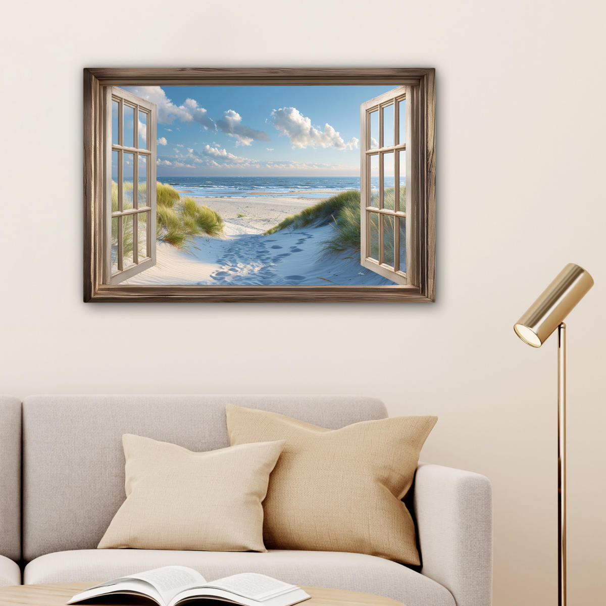 LEINWANDBILD Aussicht - Strand - Fenster - Dünen - Meer Gemälde 60x40 cm - Hellblau, Textil (60/40cm) - MuchoWow