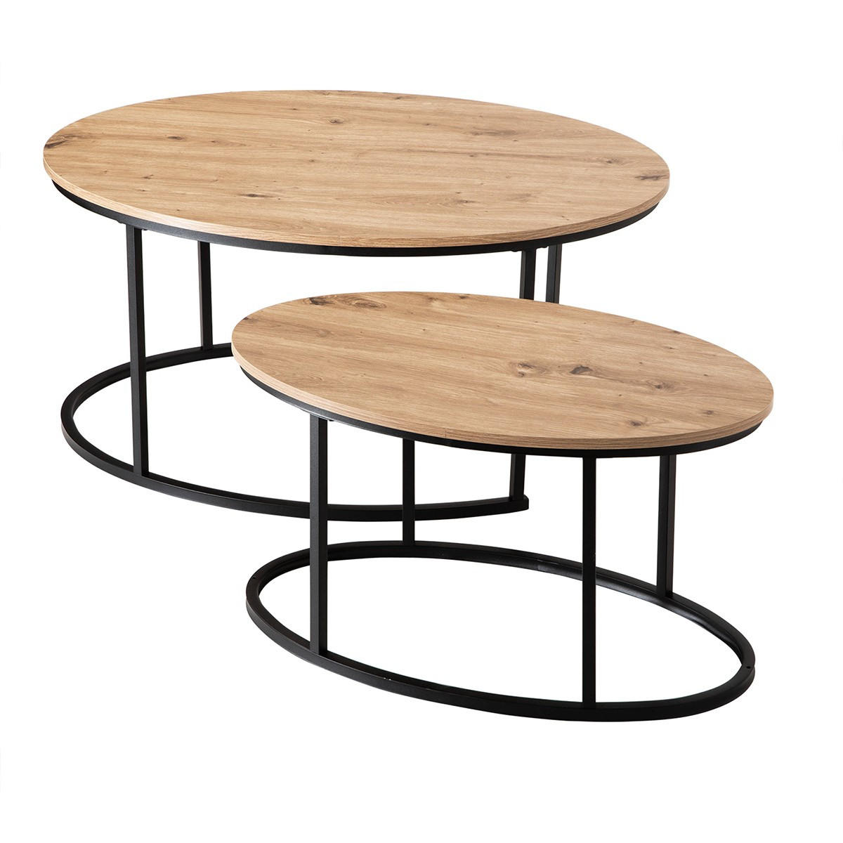 SET med 2 ovala soffbord i ekeffekt, 90 cm långa - LENNY - Askfärgad, Träbaserade material (66/60/45cm) - Calicosy