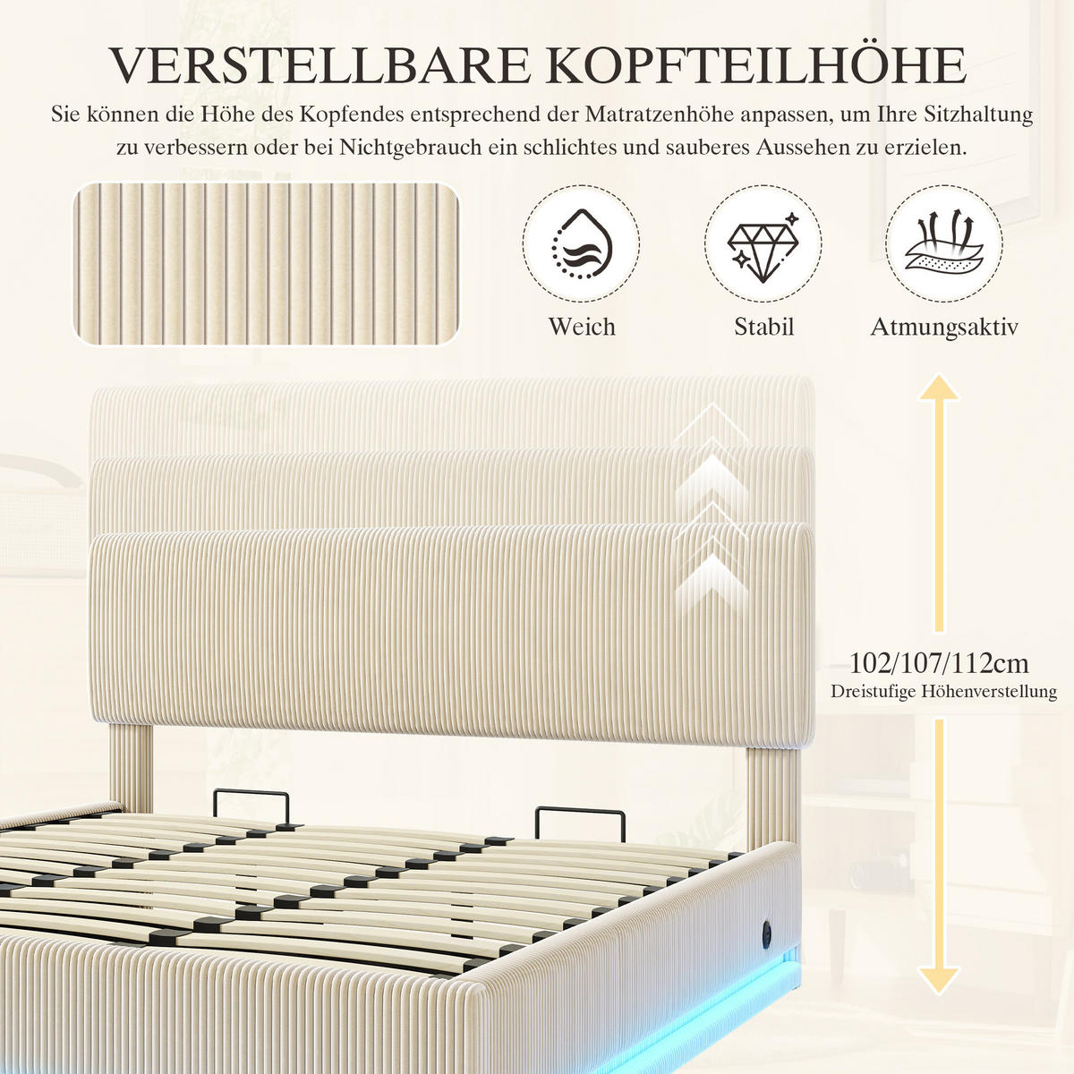 POLSTERBETT 180/200 cm mit LED-Beleuchtung, USB-C-Anschluss, höhenverstellbarem Kopfteil und Stauraum, Beige - Beige, Textil (180/200cm) - Redom