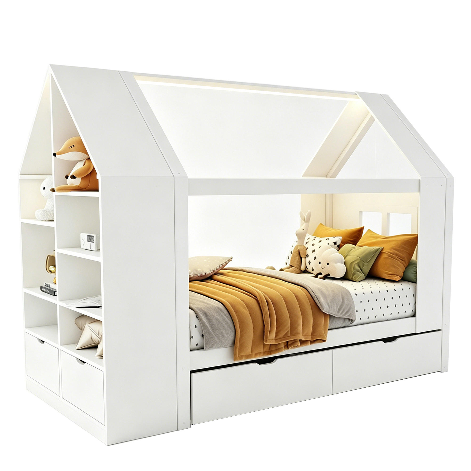 KINDERBETT 90x200 Hausdesign LED Schubladen Weiß - Weiß, Holz (90/200cm) - FLIEKS