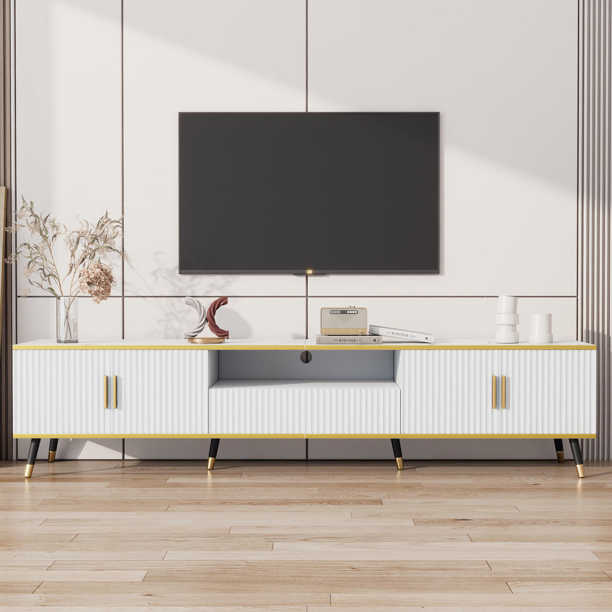 TV-ELEMENT200X40X46CM Marmoroptik Weiß-Gold für Fernseher bis 90 Zoll - Weiß, Holz (42.93/12.7/82.17cm) - Raelunyi