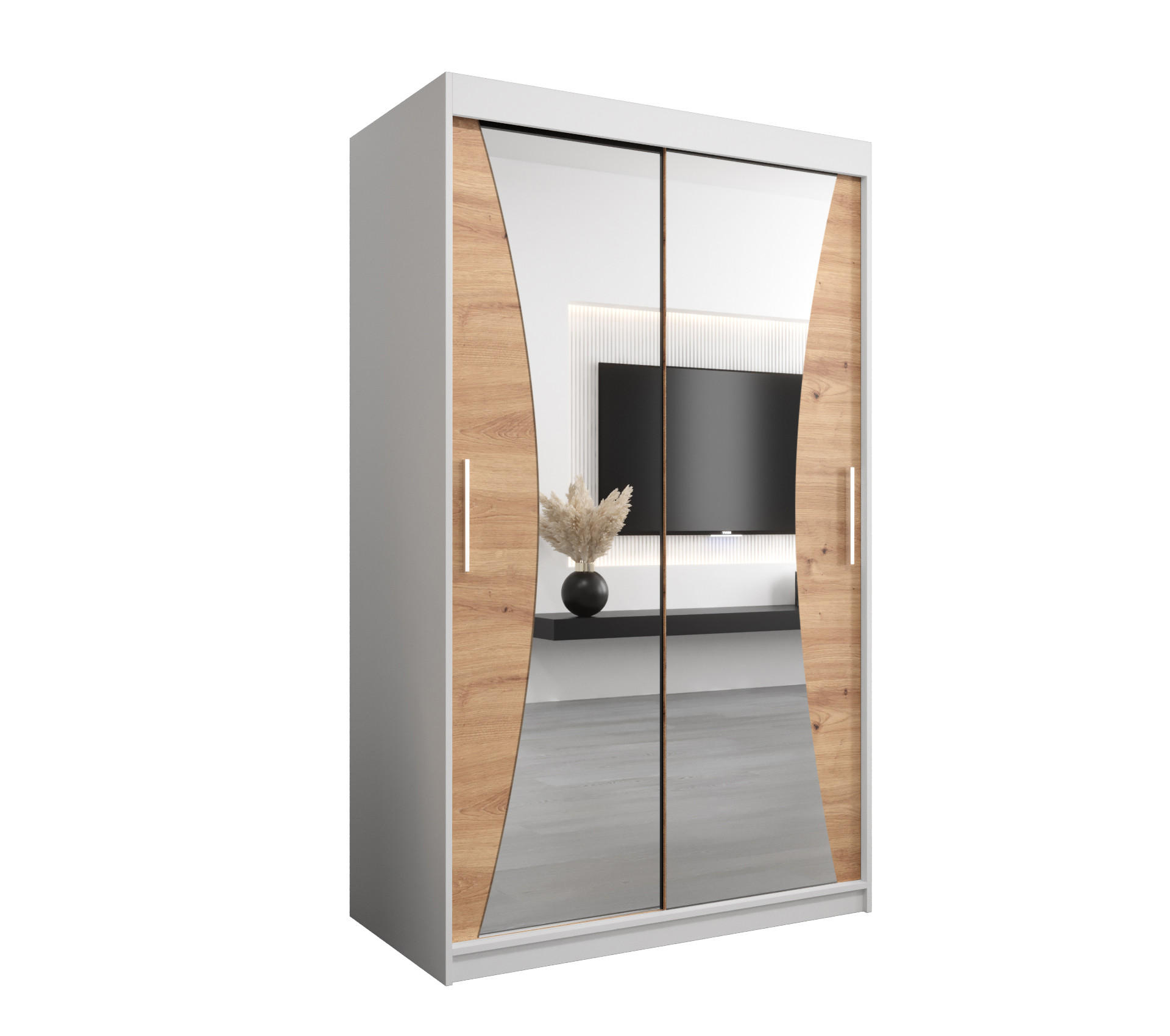 Abiks Möbel Schwebetürenschrank Weiß, Eiche Artisan 120x200x62 cm