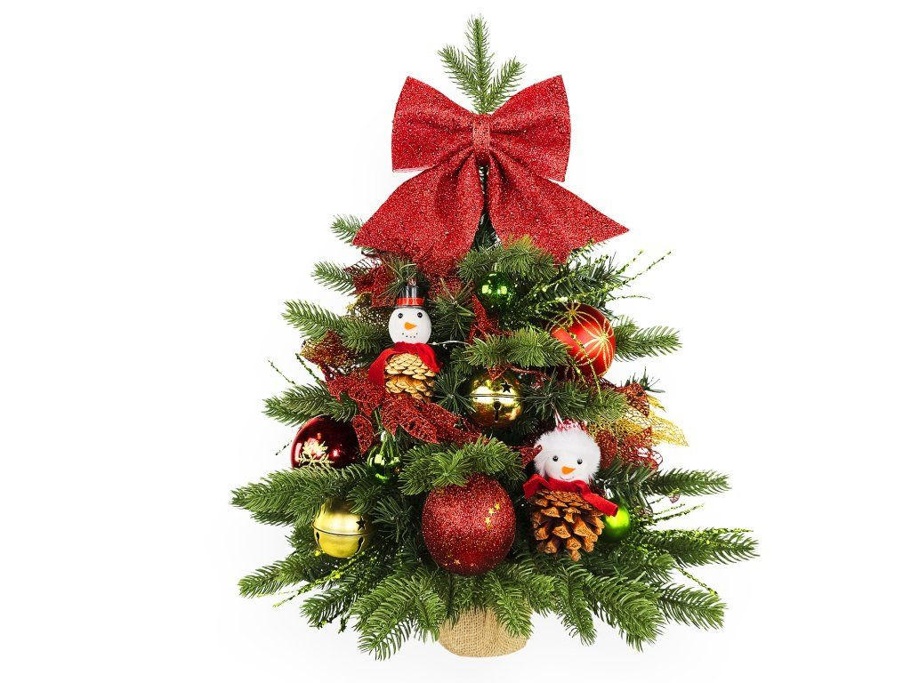 WEIHNACHTSBAUM künstlicher 60 cm mit LED-Beleuchtung, SCHNEEMANN II, mit 31 Weihnachtsbaumschmuck, Pflanztopf mit Jutesack - Rot/Goldfarben, Kunststoff/Stein (40/60cm) - LAALU