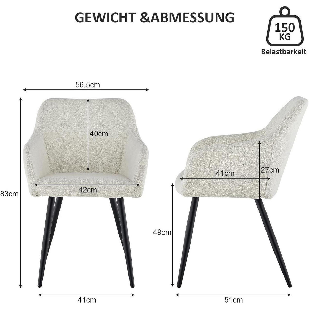 ESSZIMMERSTUHL Bouclé Nebelweiß mit Armlehne - Weiß, Textil (52/83/56.5cm)