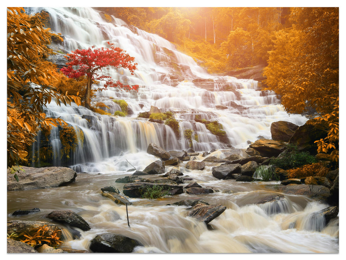 FOTOTAPETE für Küche Herbstlicher Wasserfall Bäume Blätter Felsen 400x280 - Beige/Orange, Papier (400/280cm) - Muralo