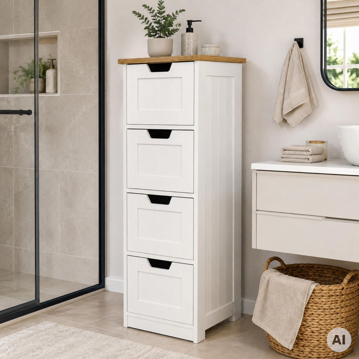 BADEZIMMERSCHRANK MDF Weiß Eiche 4 Schubladen 30x30x81 cm - Eichefarben/Weiß, Holzwerkstoff (30/81/30cm) - Begryf