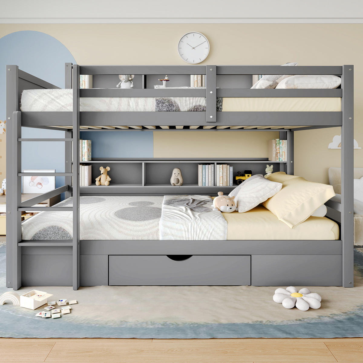 ETAGENBETT 90/200 cm Grau mit Schublade und Ablagefächern - Grau, Holz (90/200cm) - BEAOK