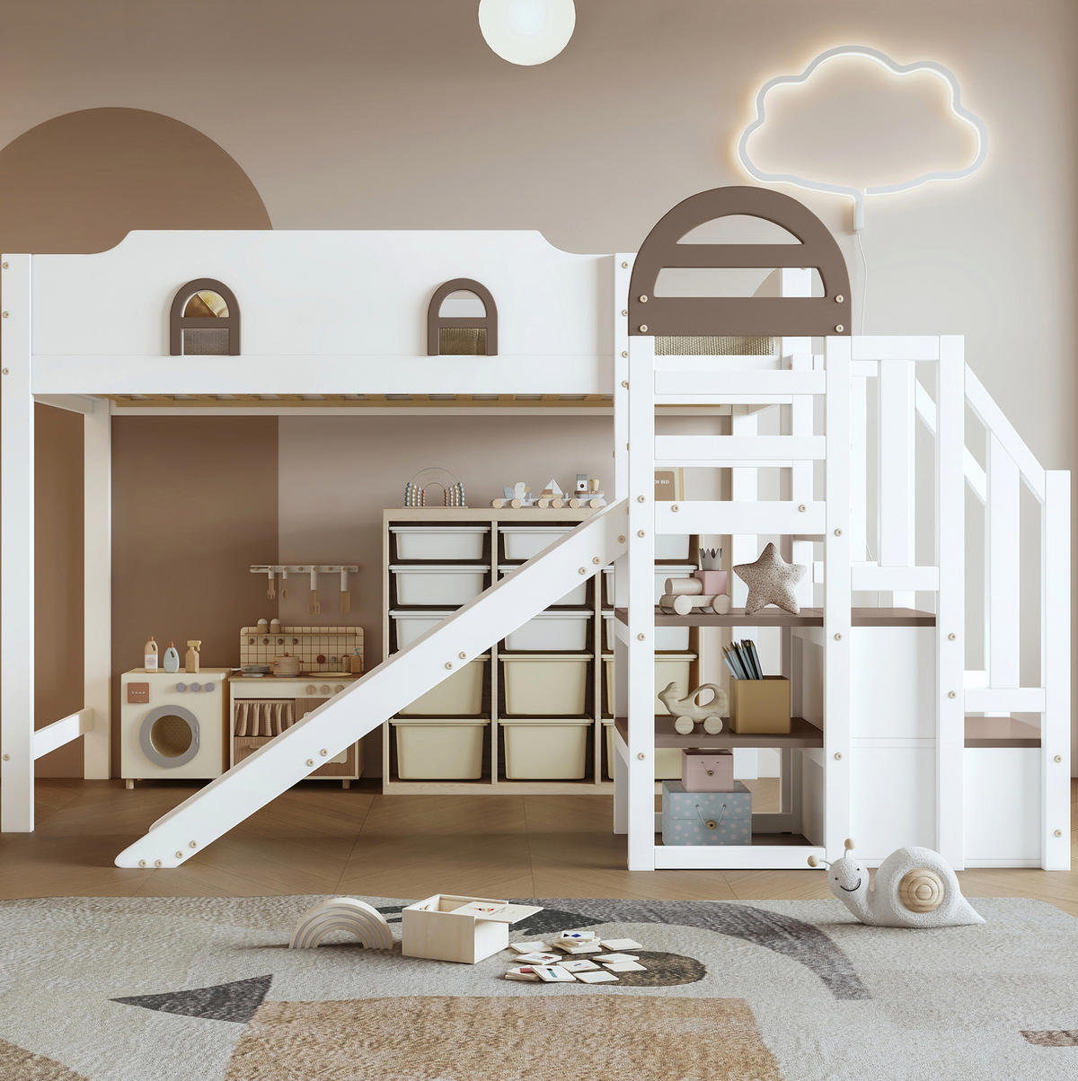 ETAGENBETT aus Kiefer und MDF 90x200 cm Weiß mit Rutsche, Stauraumtreppe und Fenstern - Weiß, Holzwerkstoff (90/200cm) - Modfu