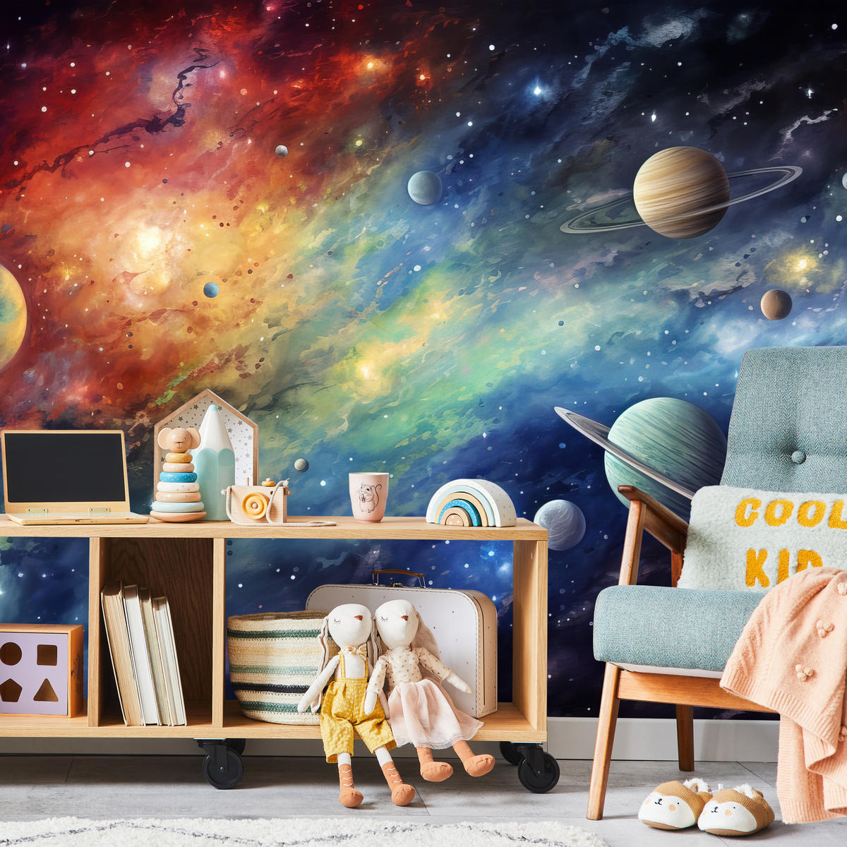 FOTOTAPETE für Jugendzimmer Aquarell Galaxie Planeten Sterne 450x315 - Blau/Gelb, Papier (450/315cm) - Muralo