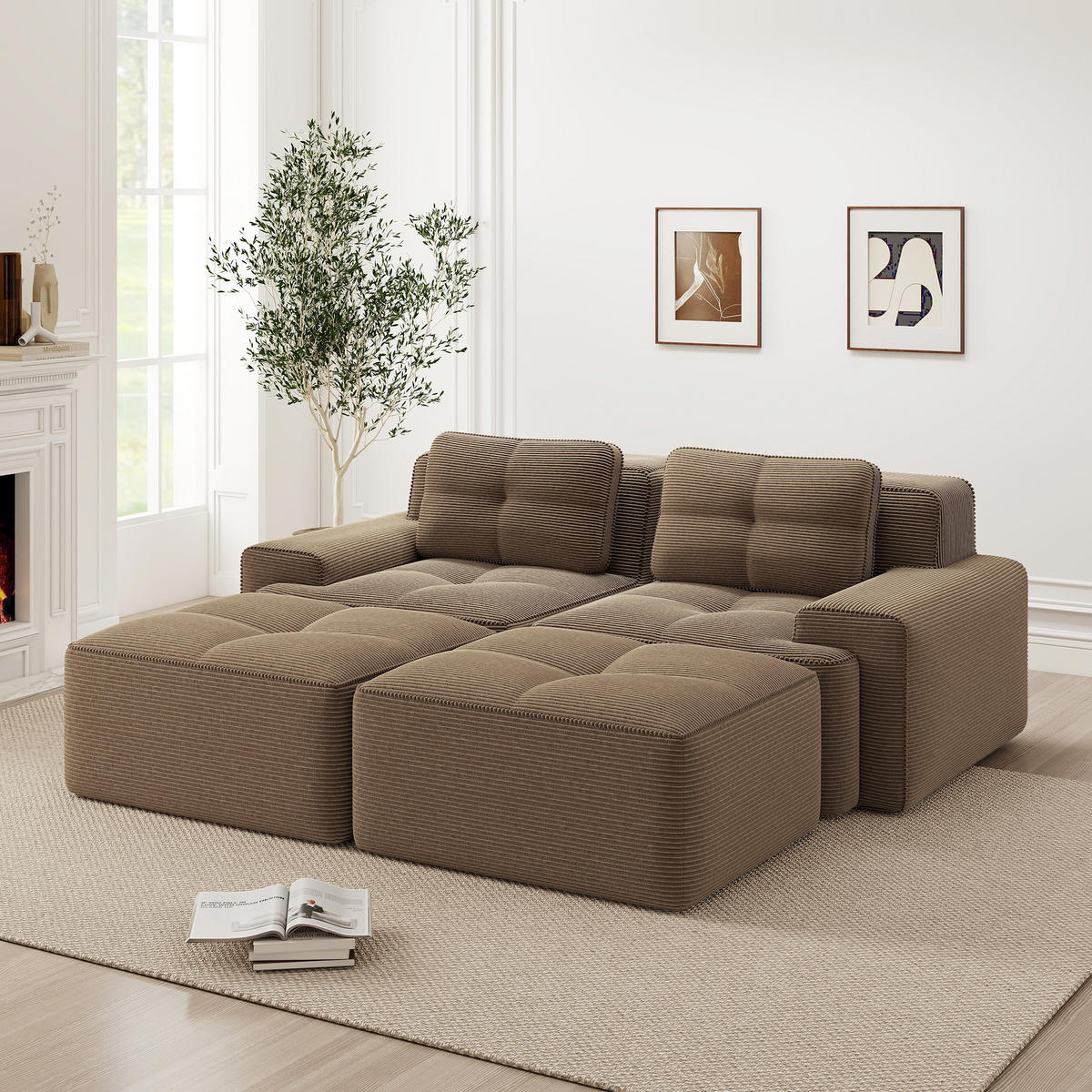 2-SITZER SOFA Cord Braun mit Ottoman - Braun, Textil (204/69/177cm) - WISHDOR