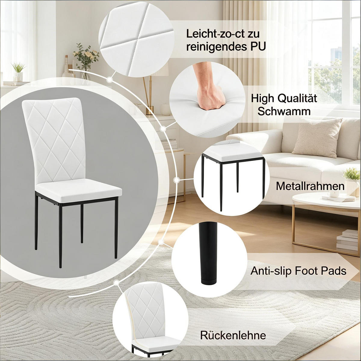 STUHL-SET DE-36120 4 Stück mit Kunstlederbezug Weiß - Weiß, Metall (42.5/94.5/40cm) - ComfortXL