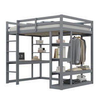 HOCHBETT aus Kiefernholz 140x200 cm Grau mit Schreibtisch, Regalen und Kleiderstange - Grau, Holzwerkstoff (140/200cm) - IVMEU