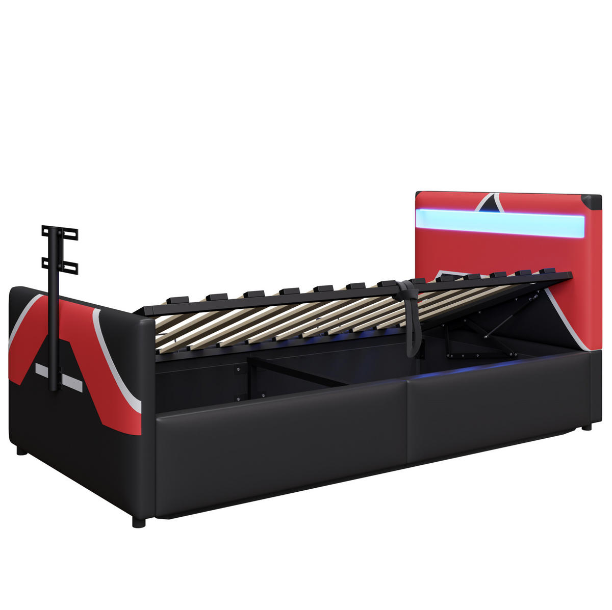 POLSTERBETT mit LED-Beleuchtung 90/200 cm mit Bettkasten und TV-Halterung - Schwarz, Kunststoff (90/200cm) - BEAOK