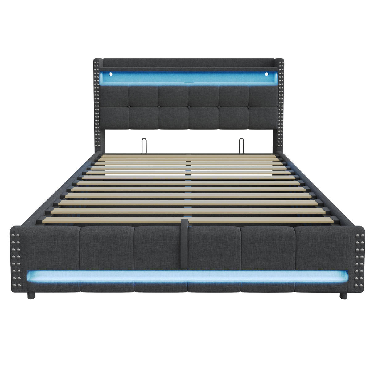 POLSTERBETT 180/200 cm mit LED-Beleuchtung, USB-Anschluss, hydraulischem Bettkasten und Leinenbezug, Grau - Grau, Textil (180/200cm) - Redom