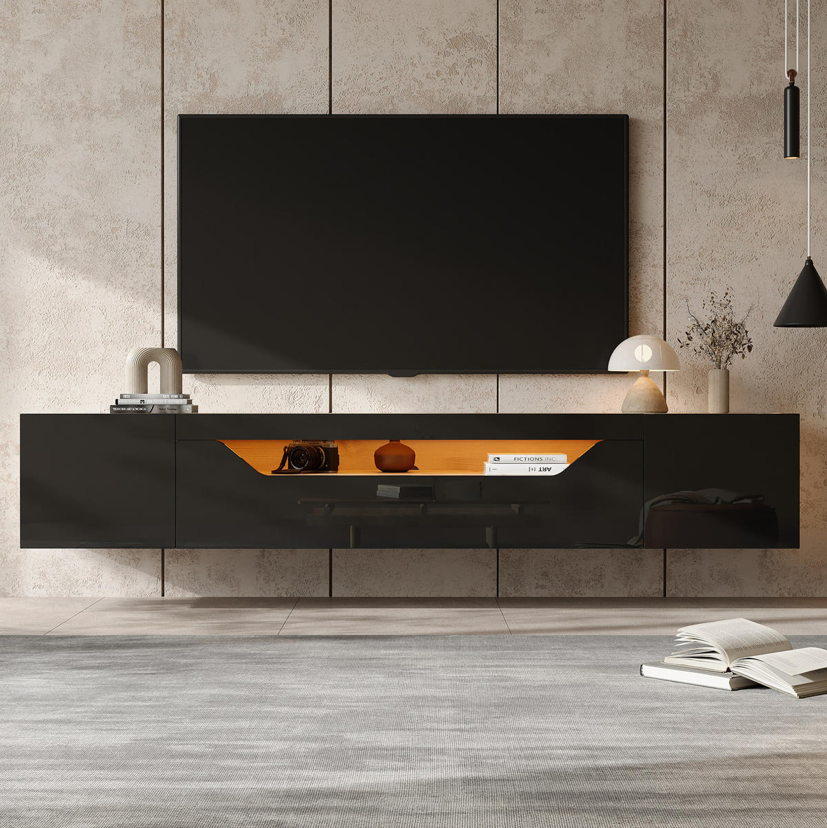 TV-LOWBOARD aus Spanplatte 180x37x36 cm Schwarz/Natur mit LED-Beleuchtung, wandmontiert und Hochglanzfront - Schwarz, Holzwerkstoff (180/36/37cm) - Modfu