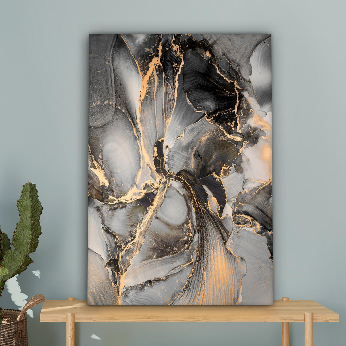 LEINWANDBILD Grau - Luxus - Gold - Marmor Wanddeko Schlafzimmer 60x90 cm - Dunkelgrau, Textil (60/90cm) - MuchoWow