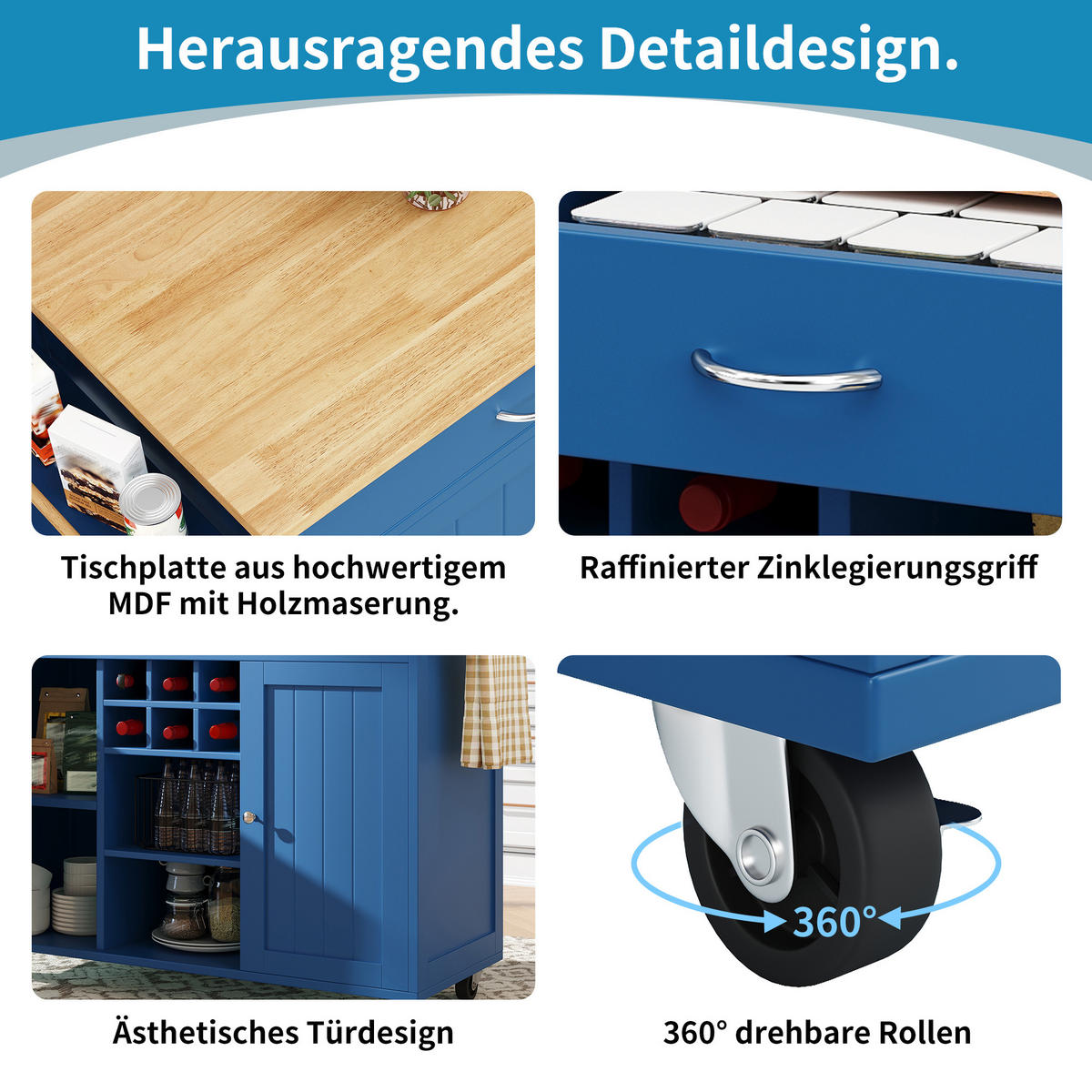 KÜCHENINSEL 102/45/92 cm Blau mit Weinregal, Seitenfach, verstellbaren Fächern und 360° Rollen - Blau, Holz/Holzwerkstoff (102/92/45cm) - Oxeza