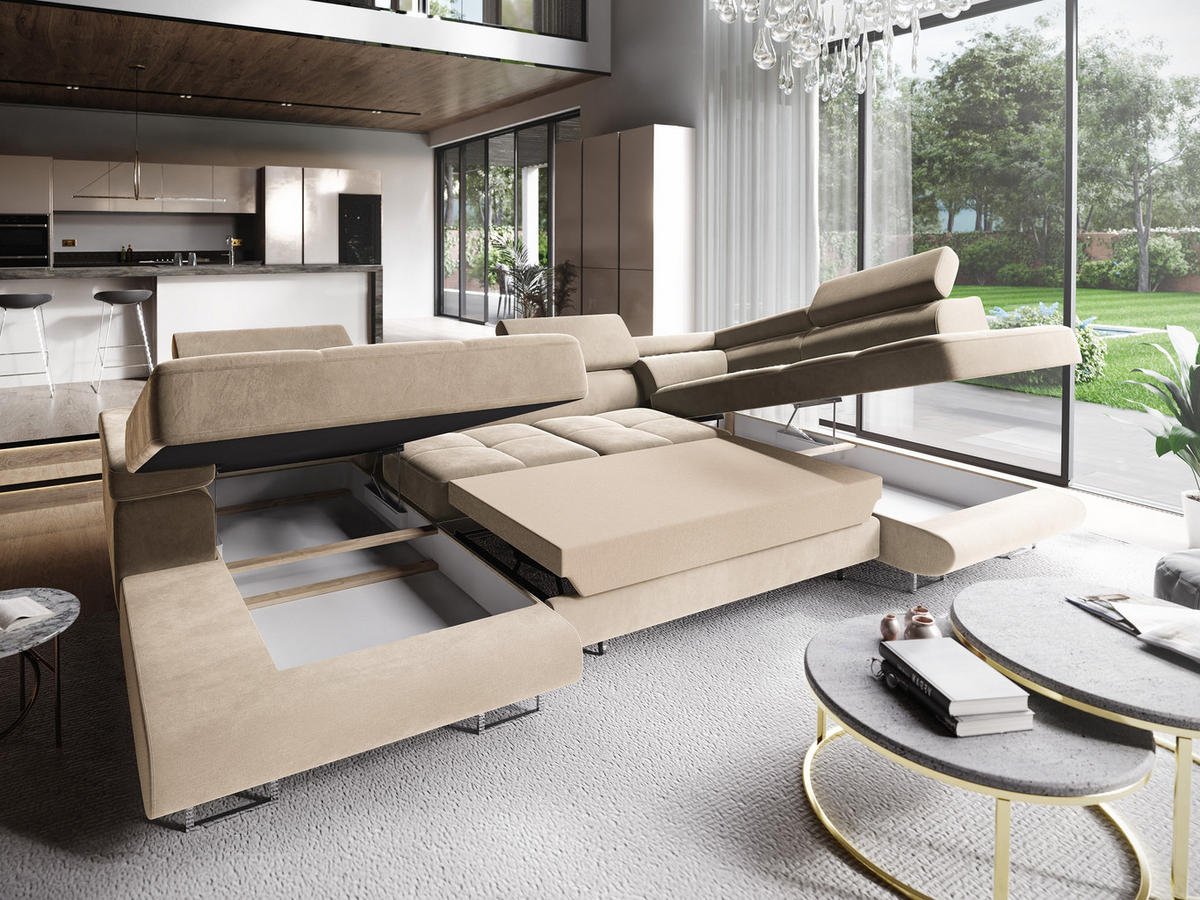 WOHNLANDSCHAFT CASONE R-S Creme Velours-Stoff mit Schlaffunktion - Creme, Holz (345/90/202cm) - MASSENO